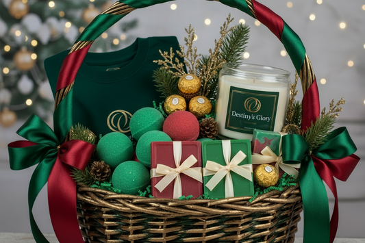Destiny's Glory Luxury Christmas Gift Basket - Holiday Collection. Make this basket uniquely yours by selecting your preferred t-shirt design, color, and size