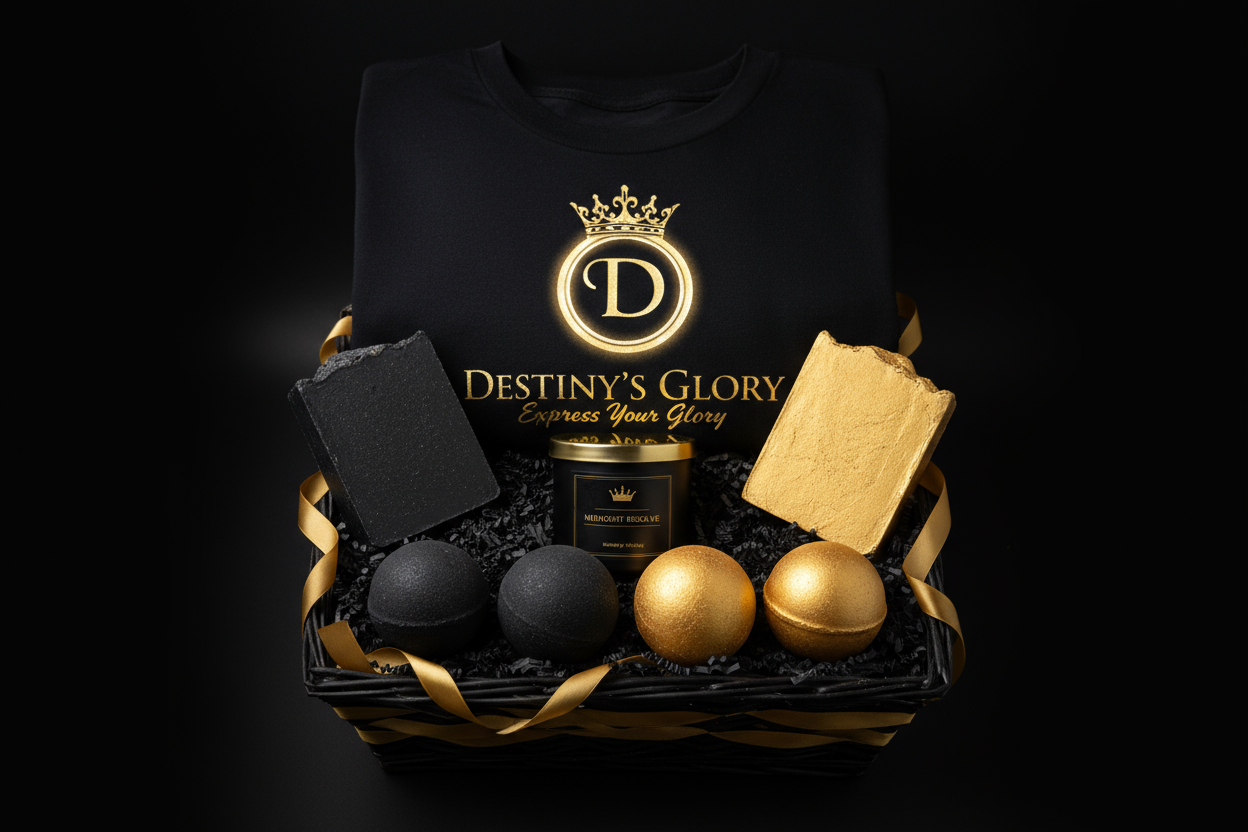 Destiny's Glory Black & Gold Spa Gift Basket, choose the design, t-shirt color, and size to create your perfect royal look.