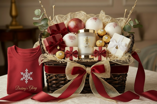 Destiny's Glory Faith & Joy Christmas Gift Basket with Joy Design T shirt. Select your preferred t-shirt design, color, and size to make this meaningful gift uniquely yours!